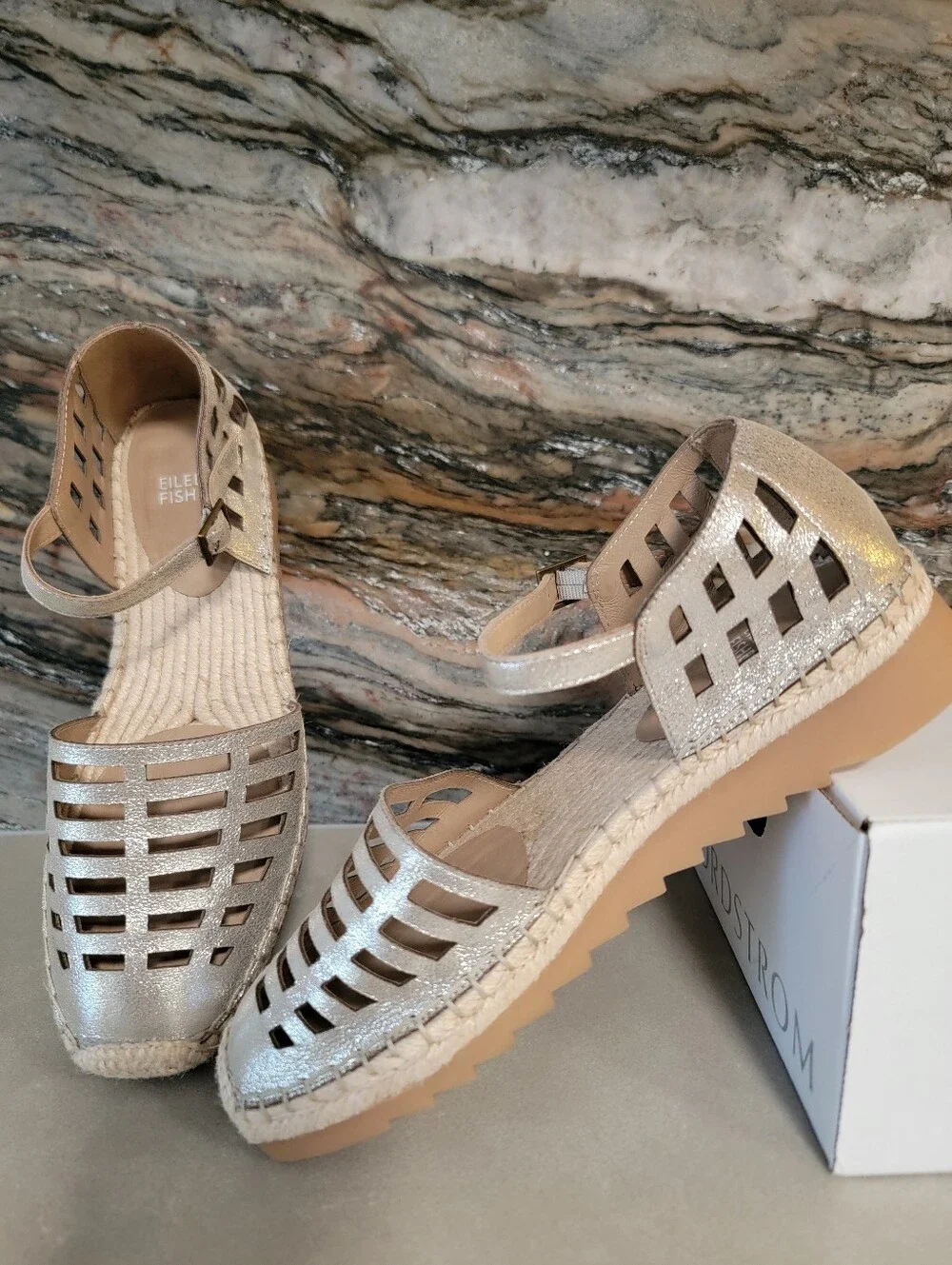 EILEEN FISHER Metallic Cutout Glitter SUEDE PLATINUM Espadrille Sandals